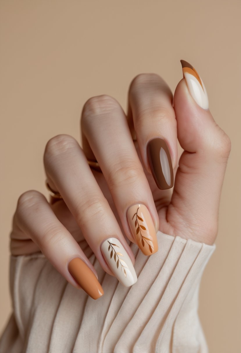 A well-manicured hand with fall-themed nail designs in warm beige and brown tones against a soft beige background with empty space around it.