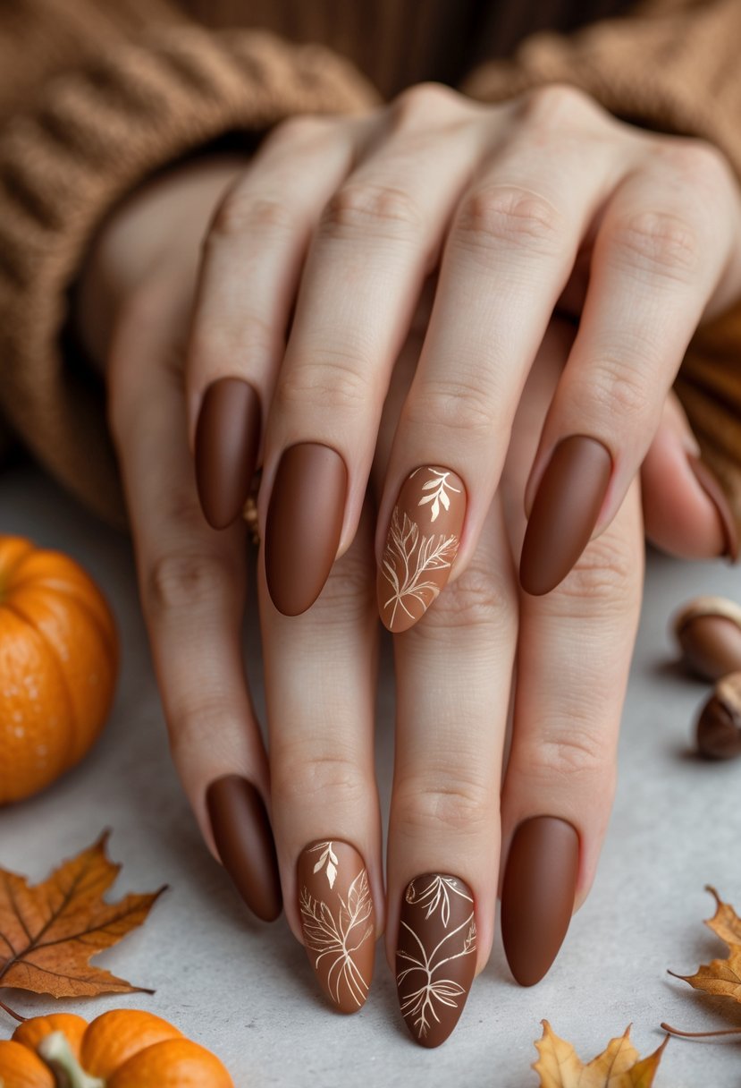 Close-up of hands with burnt sienna matte fall-themed nail designs surrounded by autumn decorations.
