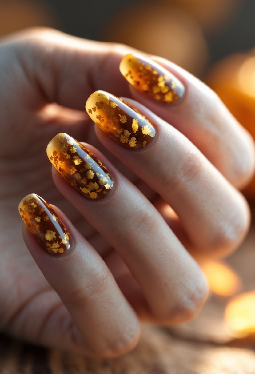 Close-up of a hand with translucent amber nails decorated with gold flakes.
