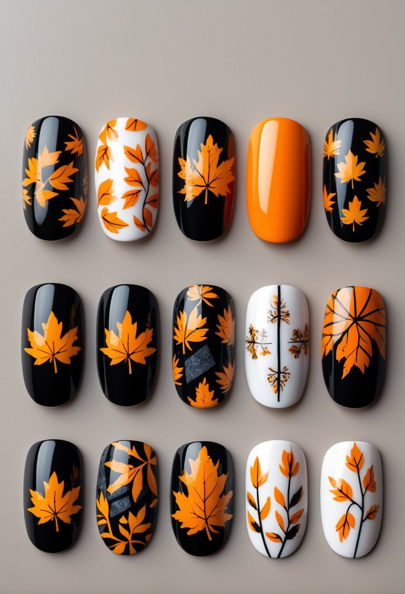 A collection of 17 fall-themed black and orange nail designs displayed on a neutral surface.