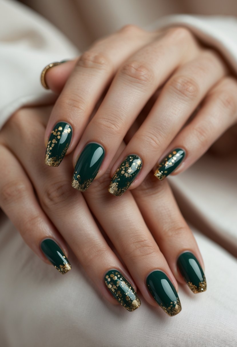 Close-up of hands with dark green French tip nails decorated with small gold flecks.