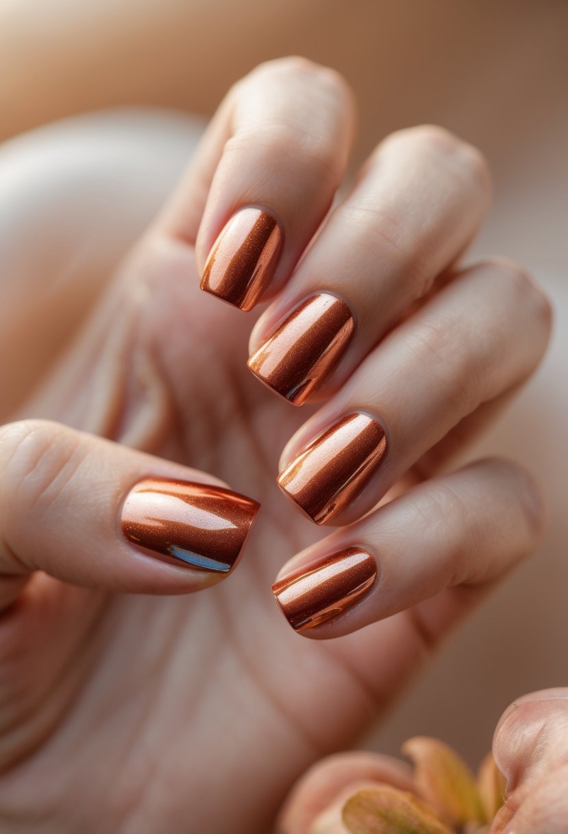 A hand with short square nails painted in copper chrome colors with autumn tones.