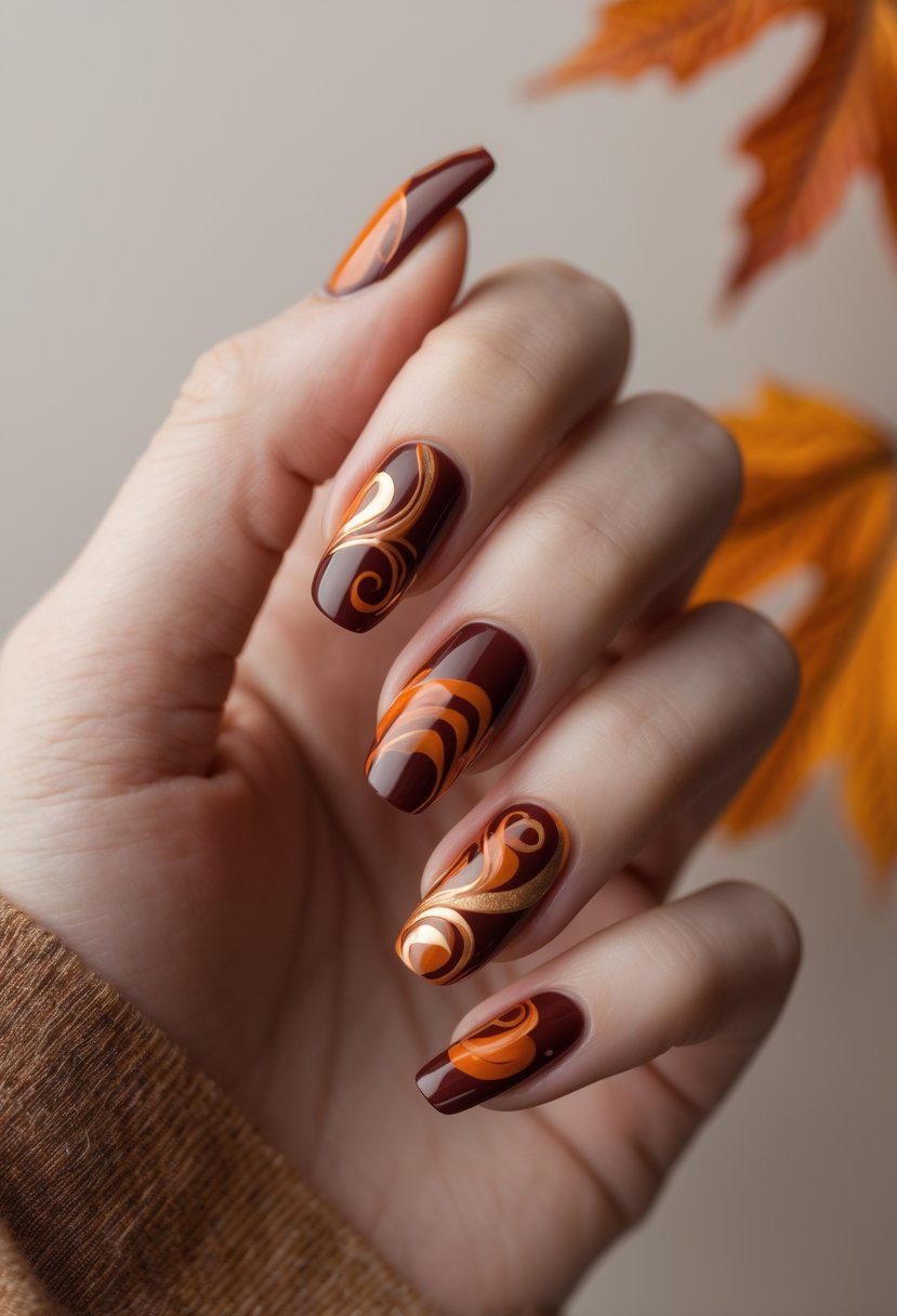 Close-up of a hand with rust red nails featuring abstract swirl designs, set against a soft background with autumn leaves.