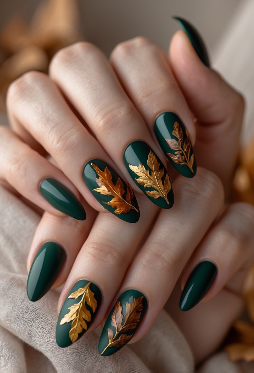 Close-up of hands with dark green nails decorated with autumn leaf designs.