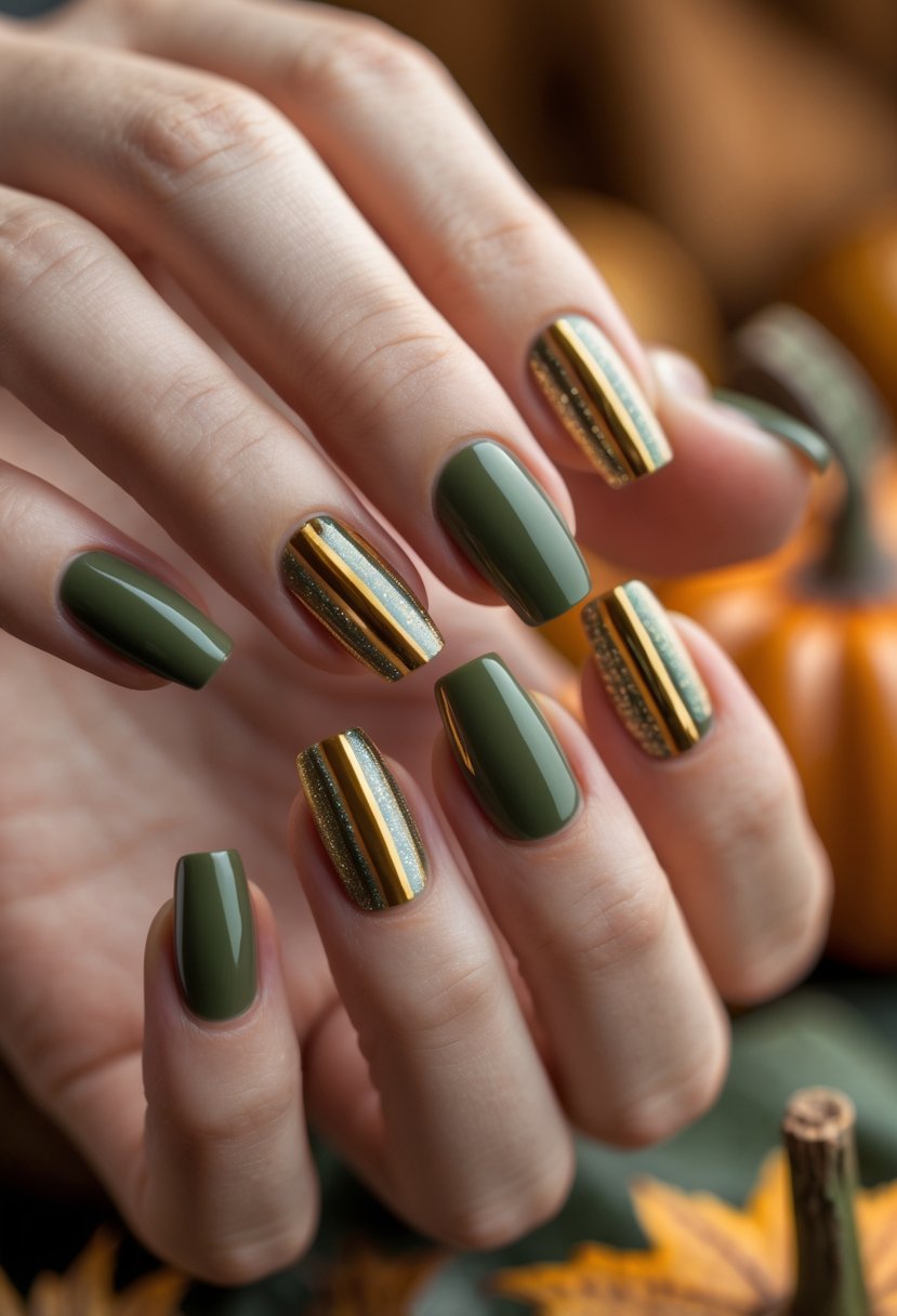 Close-up of hands showing 18 fingernails painted with olive green and gold striped designs, with a warm autumn background.