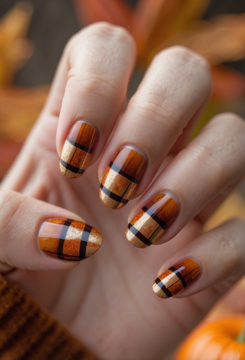 Close-up of a hand with fall-themed rusty red checkerboard patterned nails.
