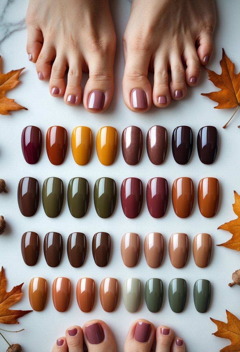 Close-up of well-groomed feet displaying sixteen different fall-colored toenail polishes arranged neatly with autumn leaves around them.