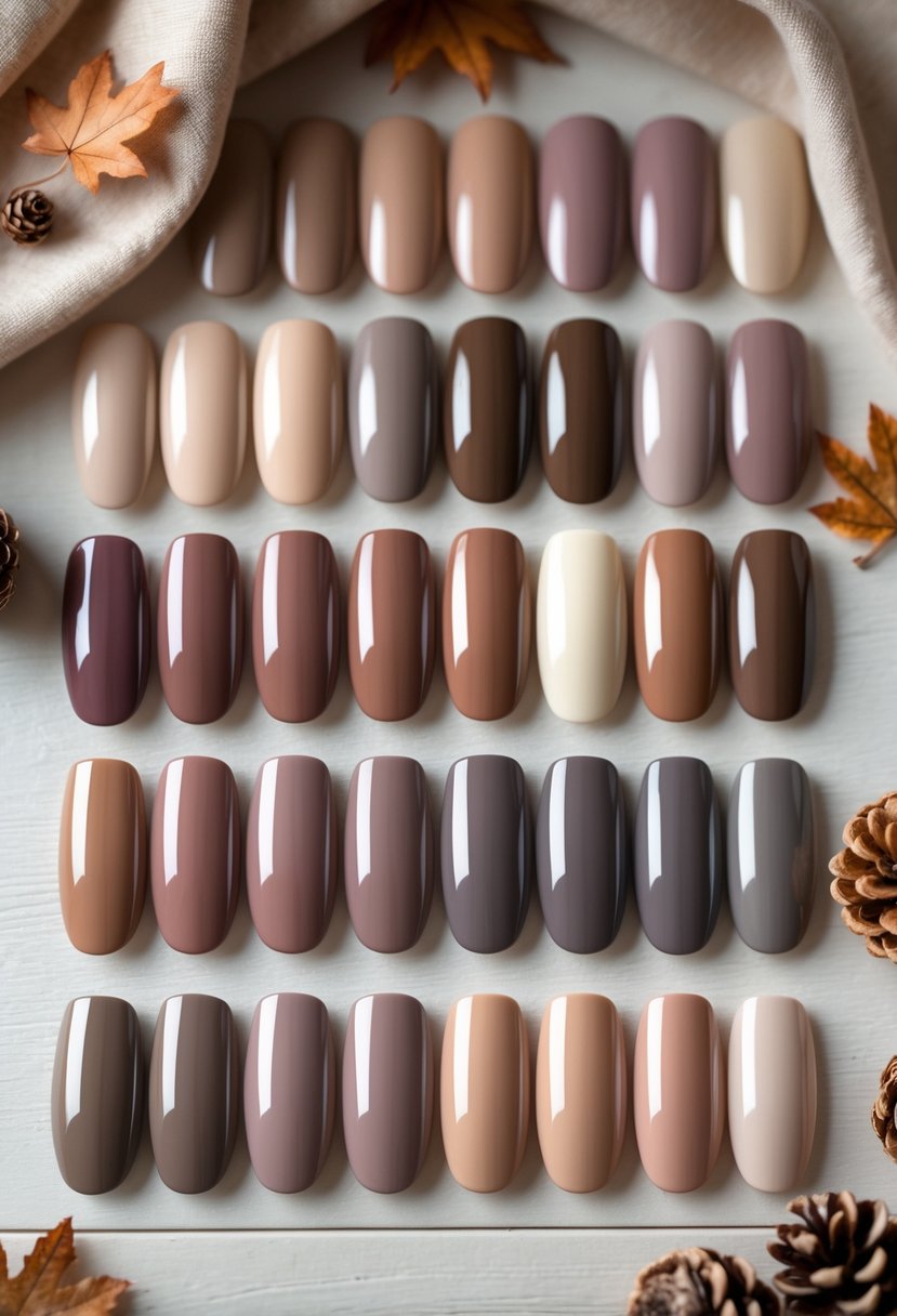 Sixteen bottles of fall-colored toe nail polish arranged on a wooden surface with painted toenail tips and autumn leaves around them.