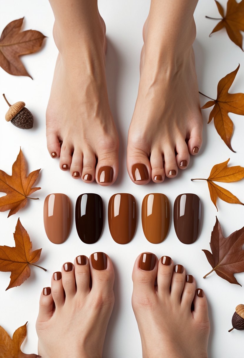 Close-up of feet with sixteen different warm brown toenail polish colors arranged on a white background with small autumn leaves and cinnamon sticks around.