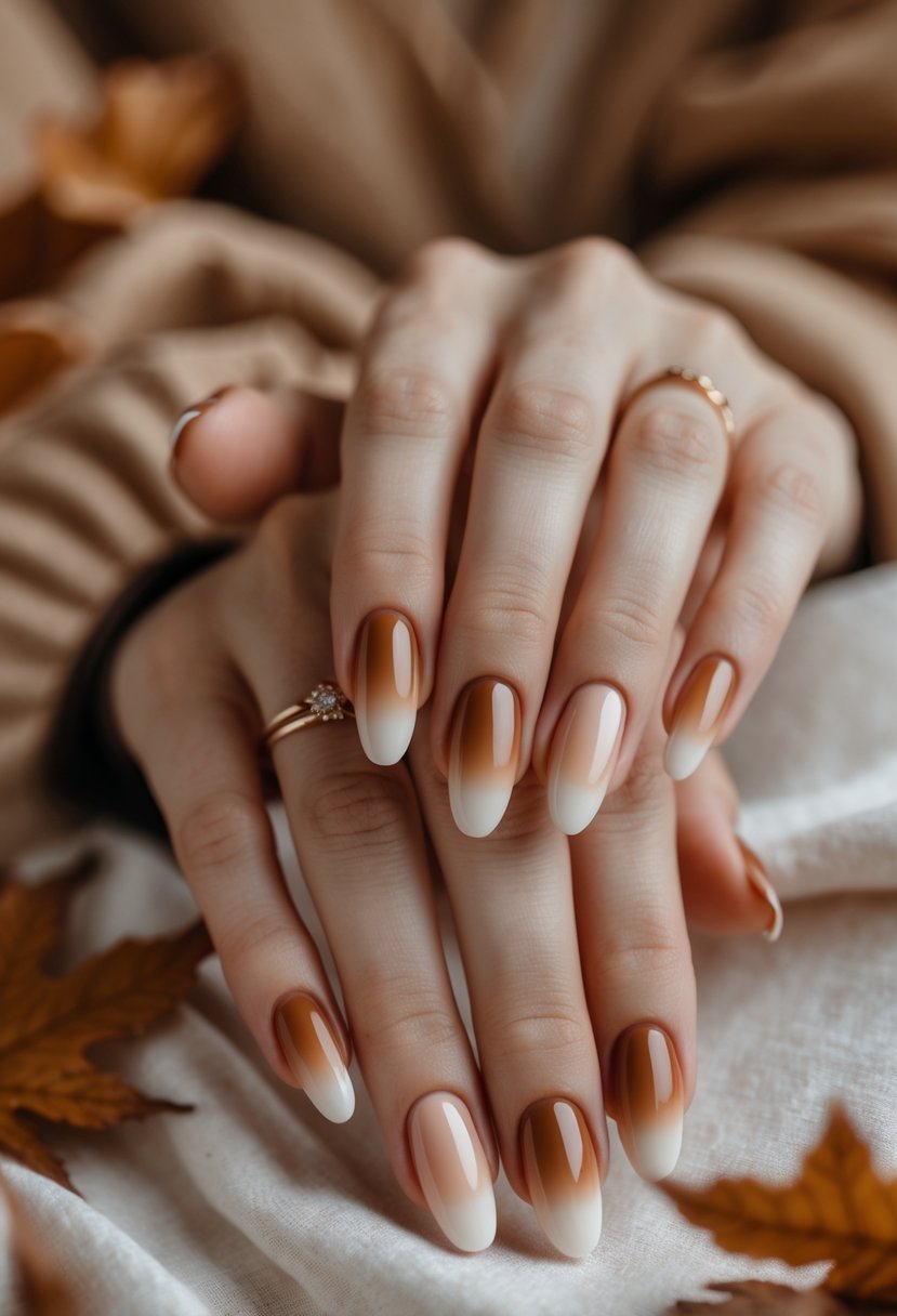 Close-up of hands with warm caramel and cream ombre nails resting on a neutral surface with autumnal decor.