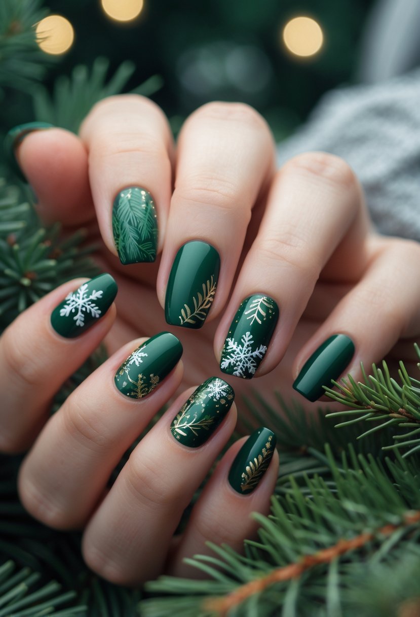 Close-up of hands with green and gold winter-themed nail art featuring fir tree and snowflake designs.