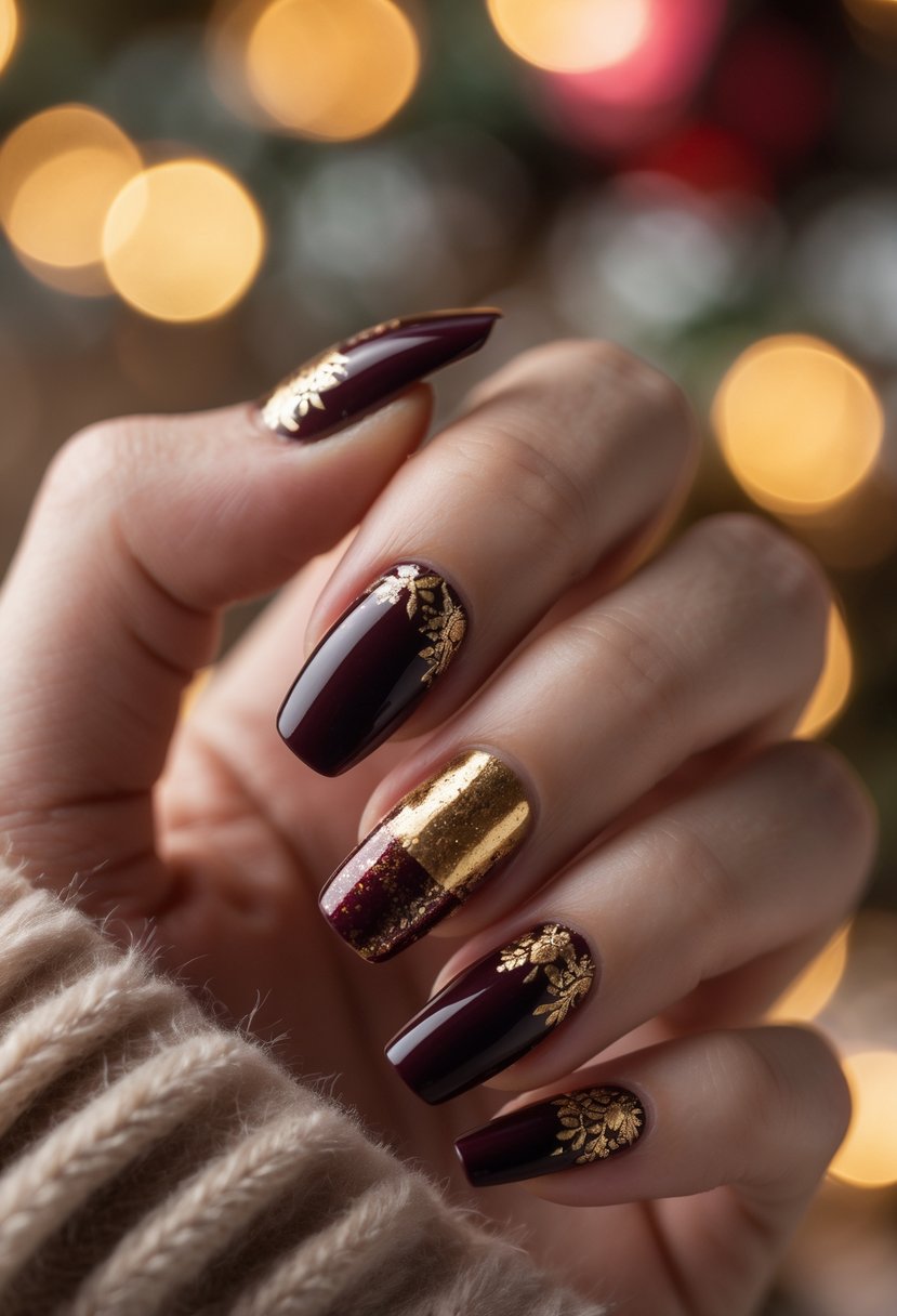 Close-up of a hand with deep burgundy nails decorated with gold foil accents against a warm, blurred background.
