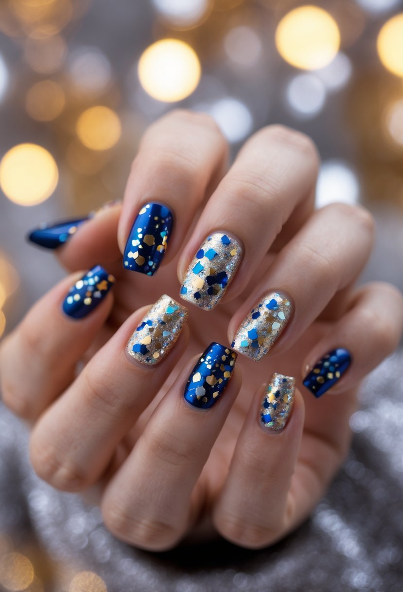 Close-up of hands with glittery confetti decorated nails against a softly blurred background with warm lights.