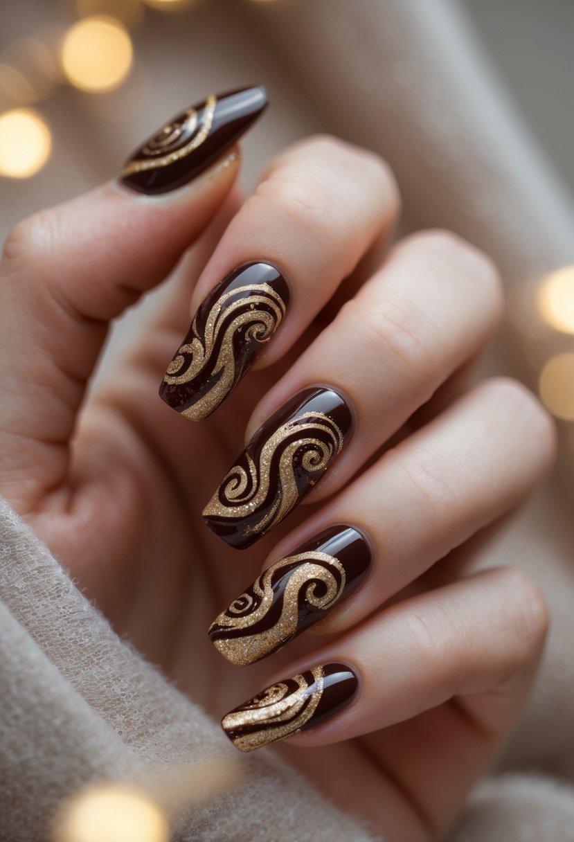 Close-up of a hand with nails painted in chocolate brown and gold swirl designs.
