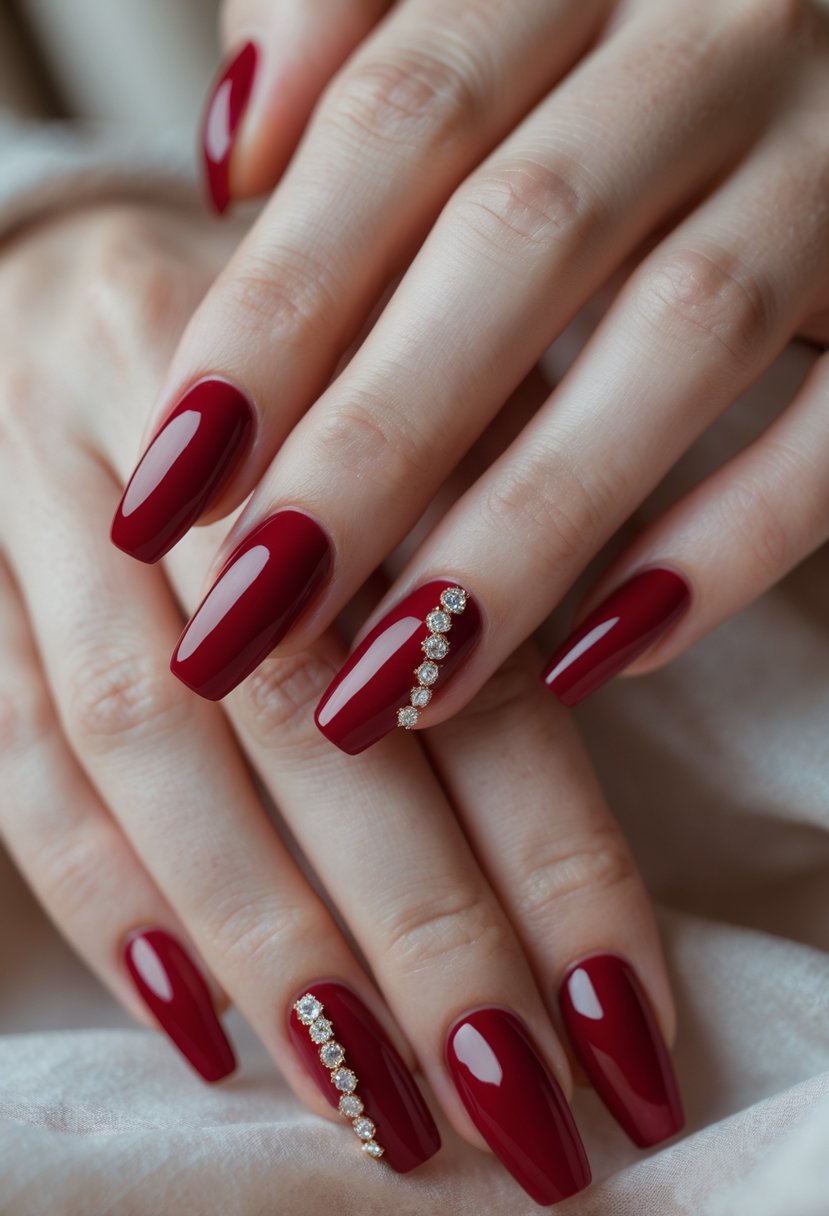 Close-up of hands with ruby red nails decorated with small rhinestones on a neutral background.