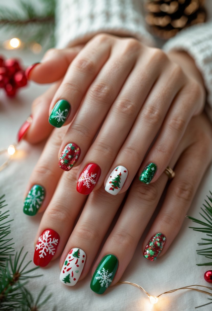 Close-up of multiple hands displaying festive Christmas-themed nail art with holiday decorations in the background.