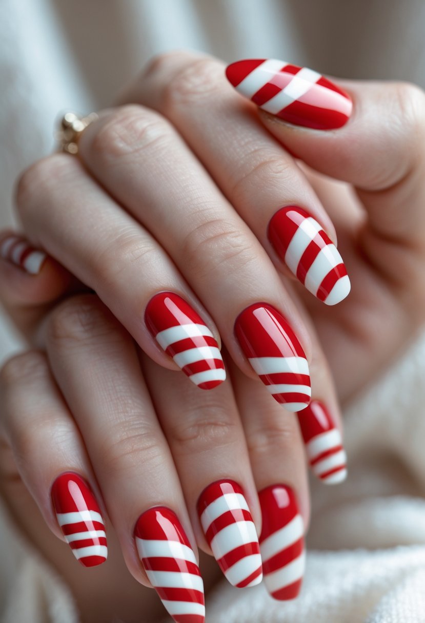 Close-up of hands with red and white striped candy cane patterned nails.