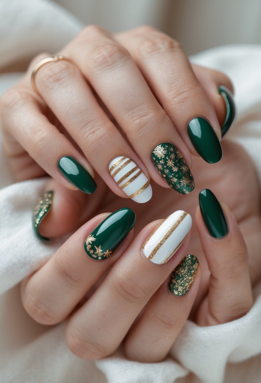 Close-up of hands with deep green nails decorated with glittery gold accents.