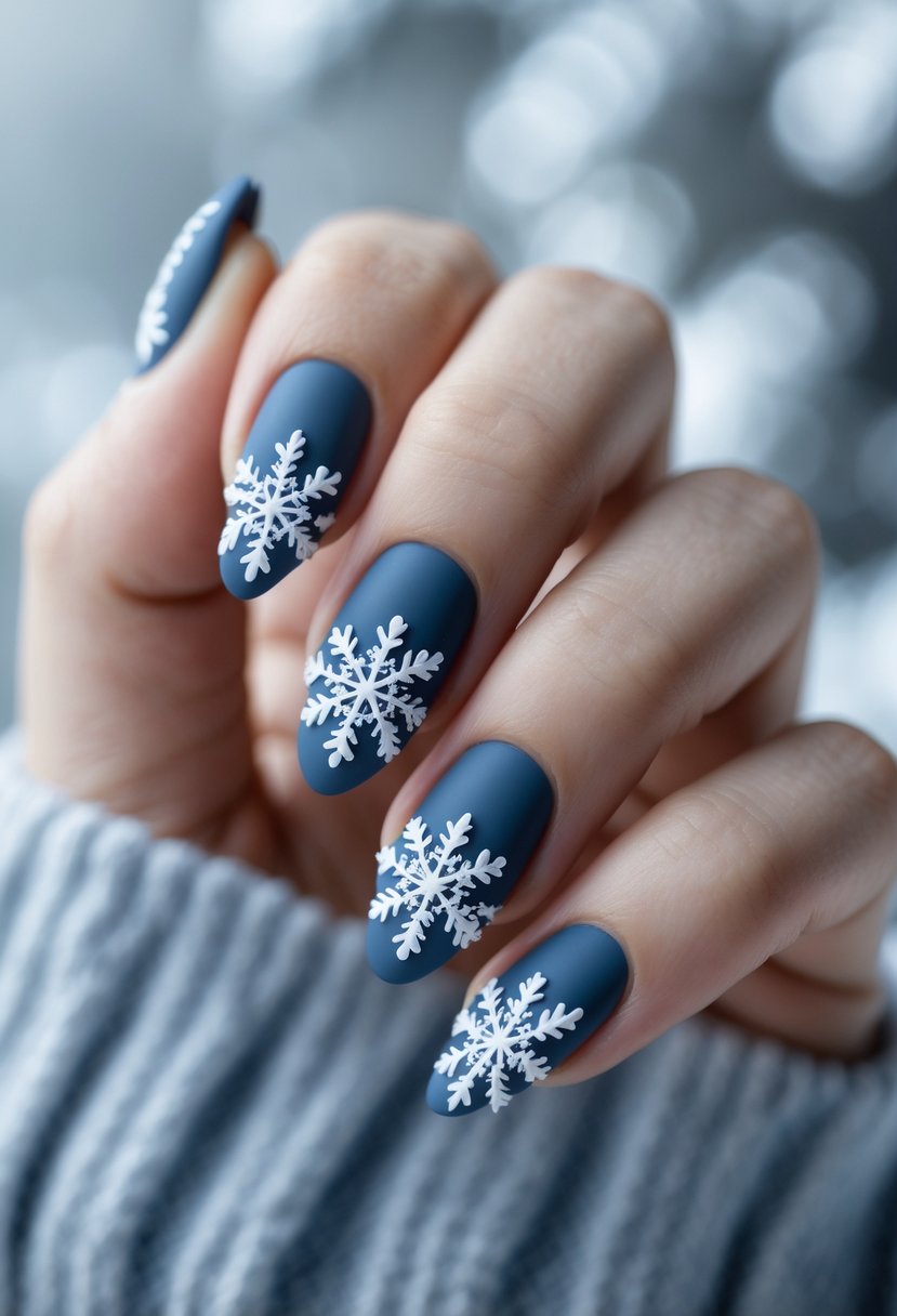 Close-up of a hand with matte blue nails decorated with white snowflake designs.