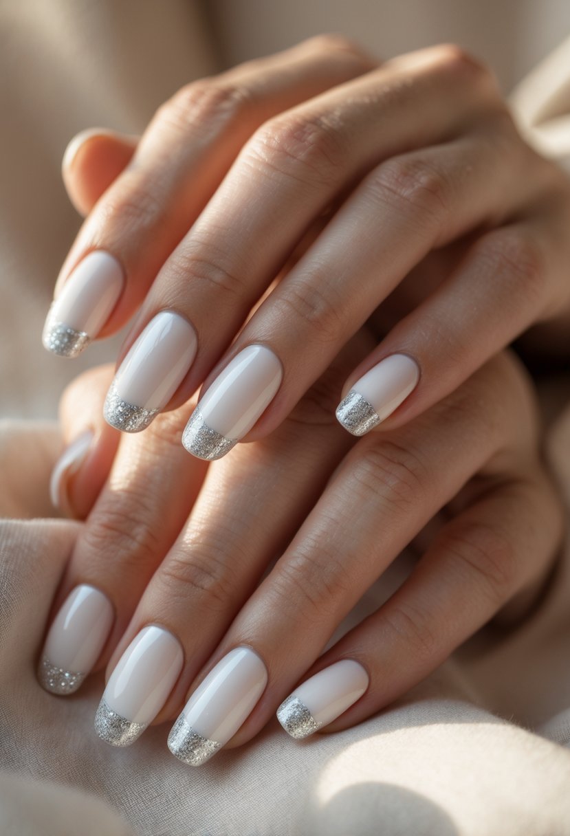 Close-up of female hands showing nails with white tips and silver glitter accents.