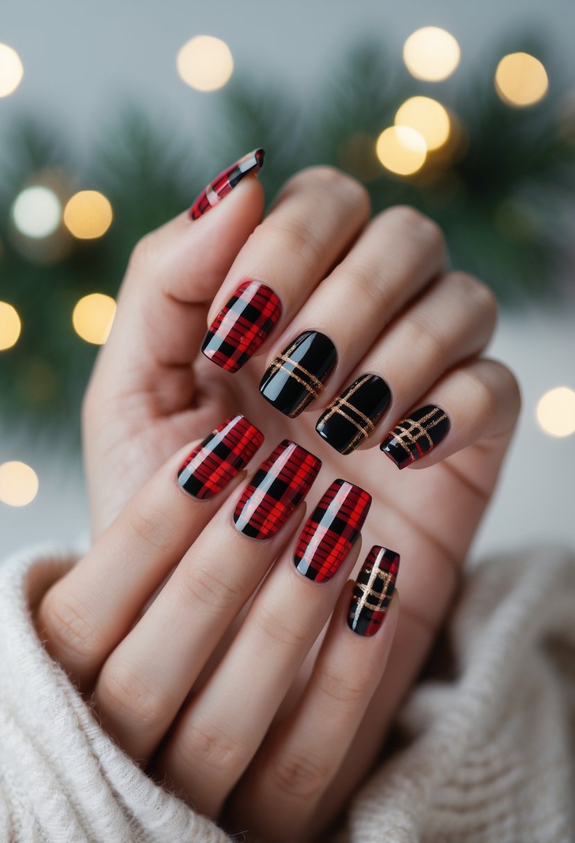 Close-up of hands with red and black plaid patterned nails against a soft background with holiday elements.
