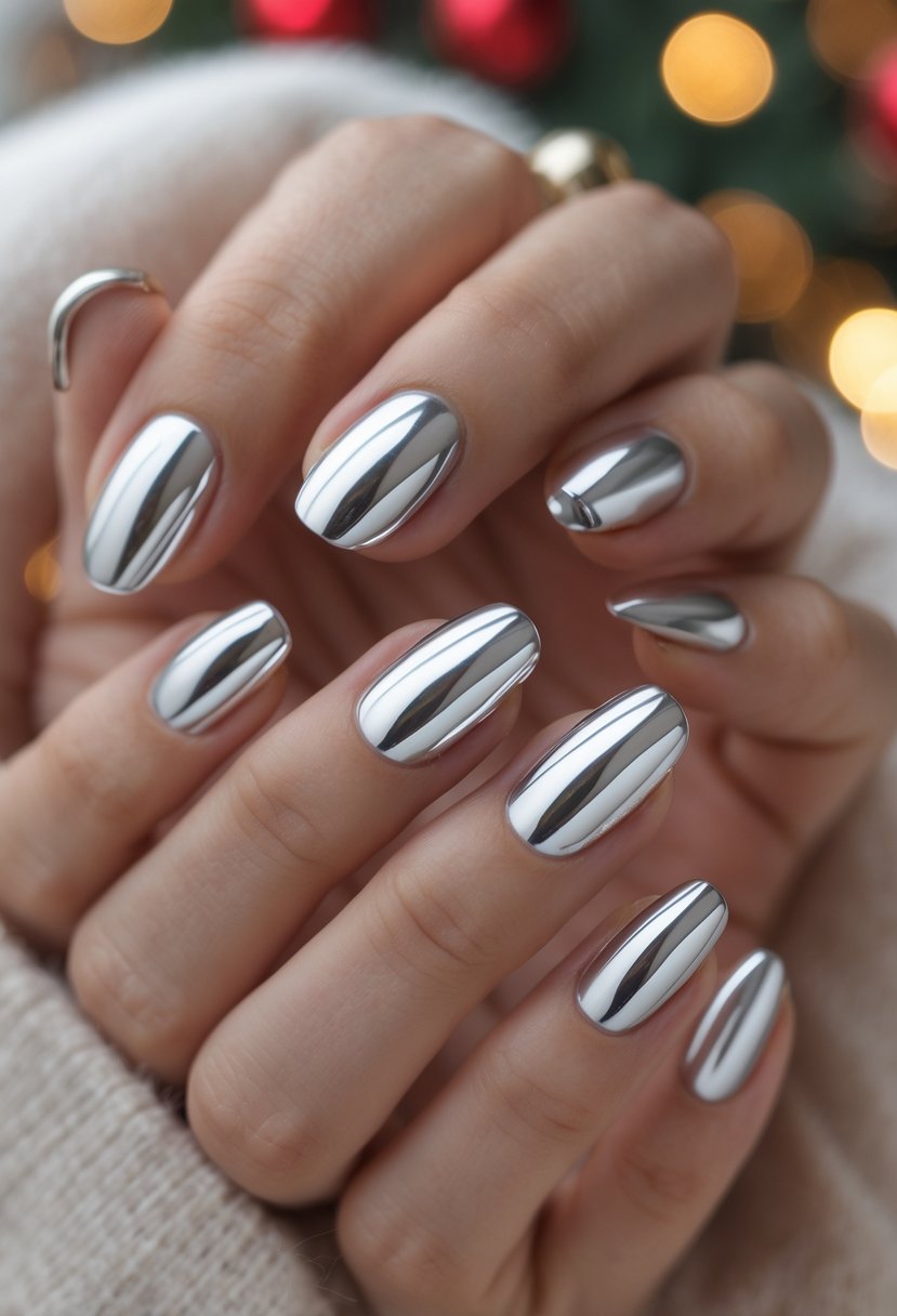 Close-up of hands with metallic silver chrome finish nails against a soft background with subtle Christmas lights.