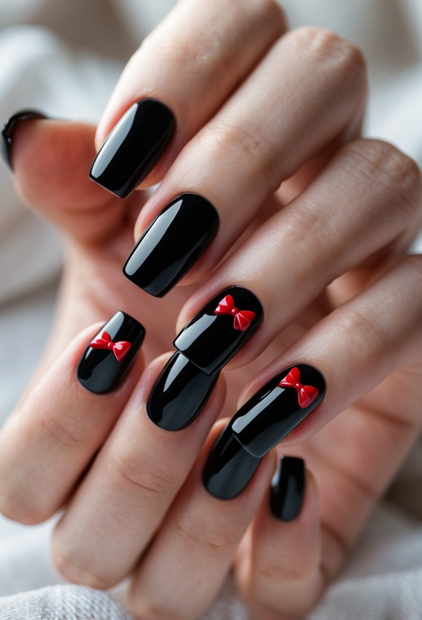 Close-up of hands with glossy black nails decorated with small red bows on each nail.