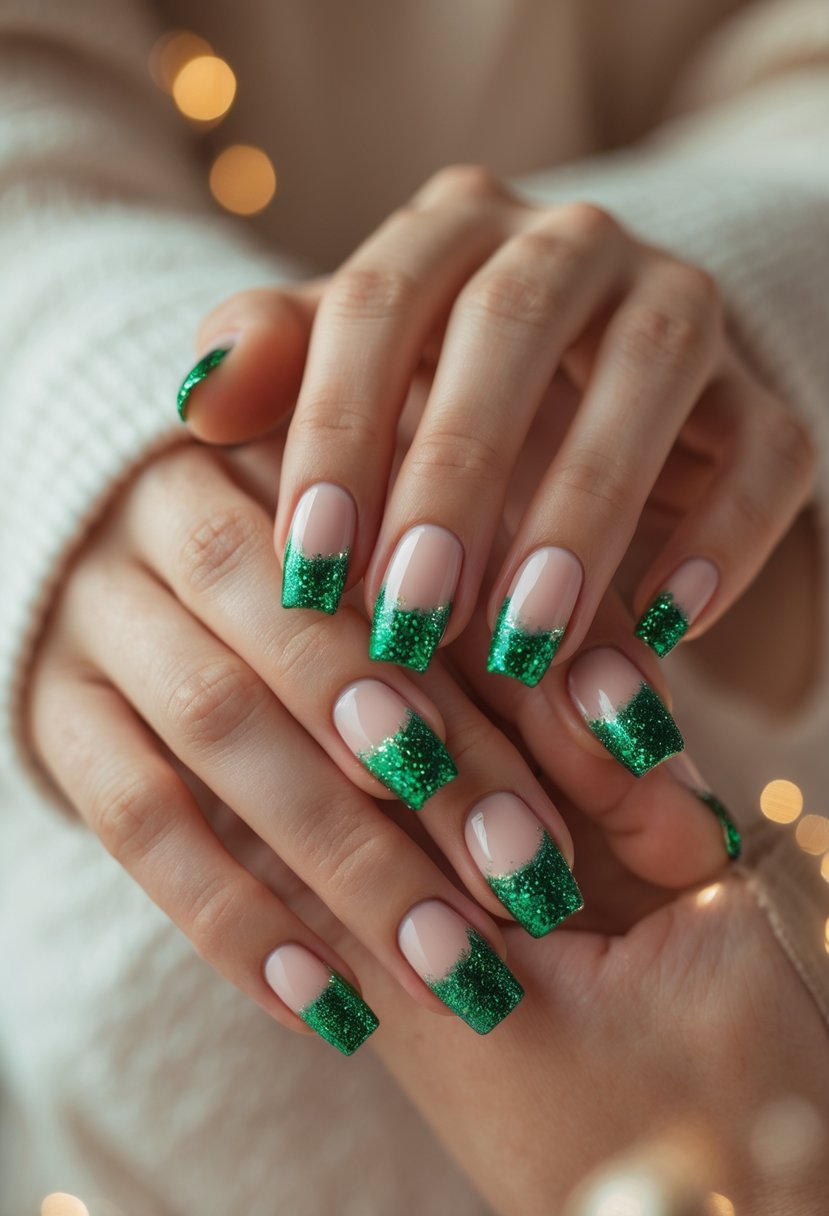 Close-up of hands with French manicure featuring green glitter tips on neatly shaped nails.