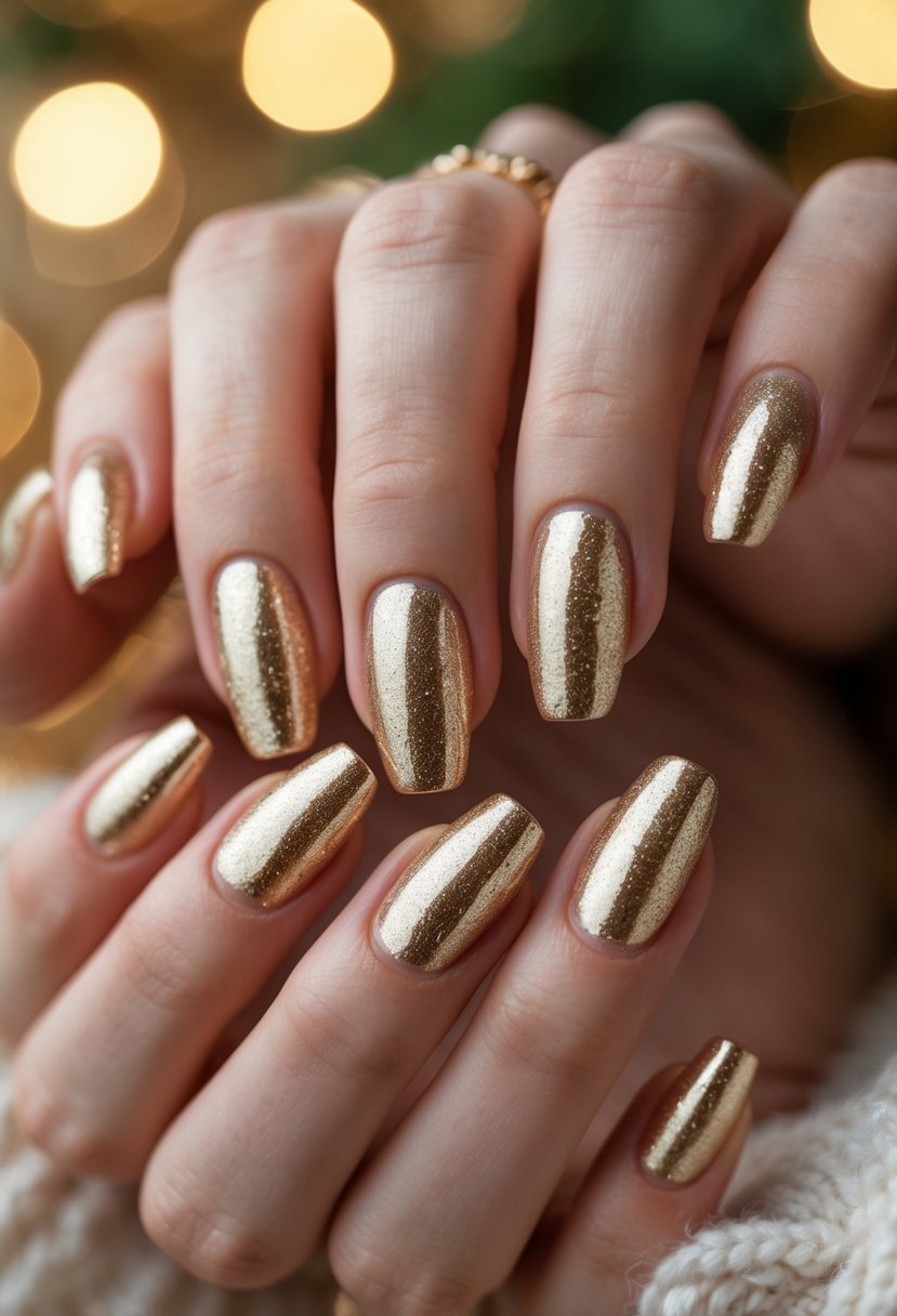 Close-up of hands with manicured nails featuring sparkling champagne gold tips.