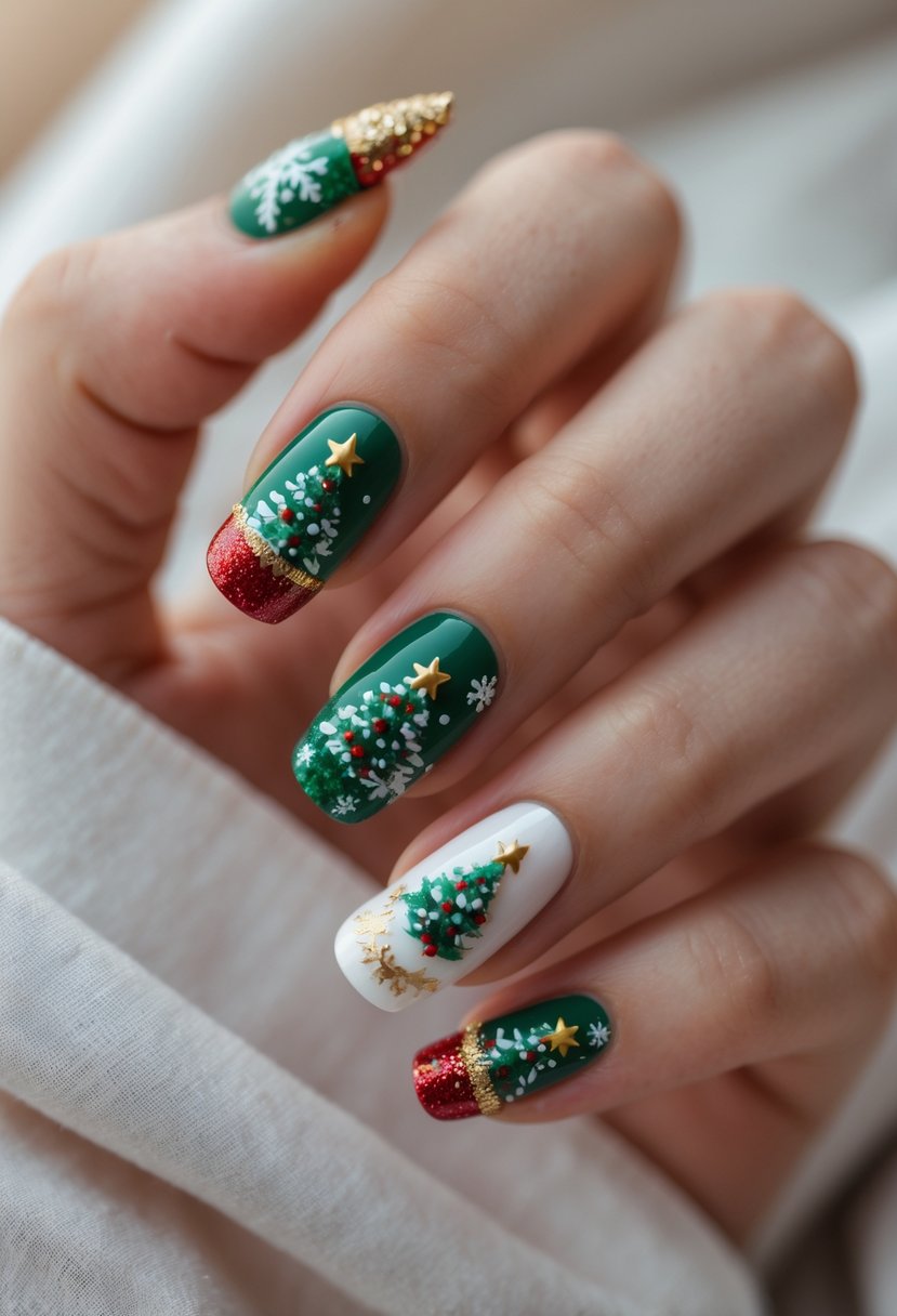 Close-up of a hand with festive Christmas tree designs on accent nails surrounded by holiday-themed decorations.