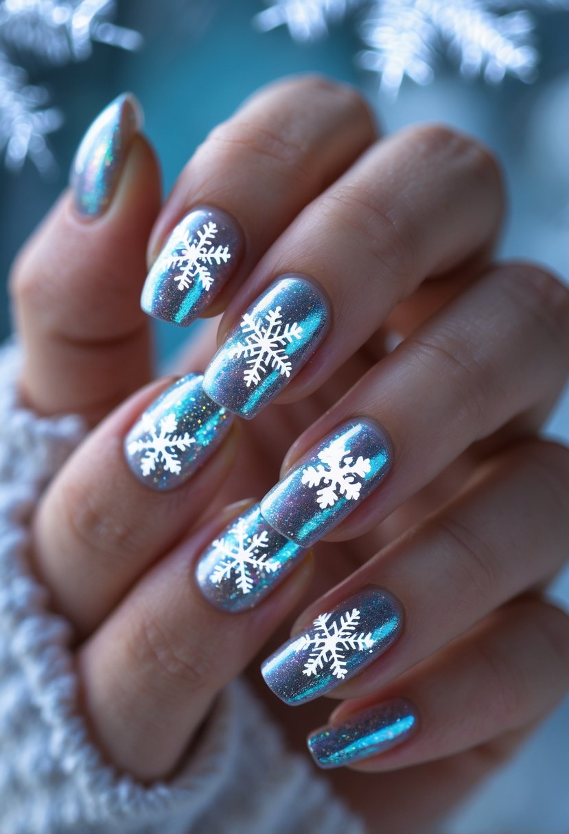 Close-up of a hand with silver holographic nails decorated with white snowflakes.