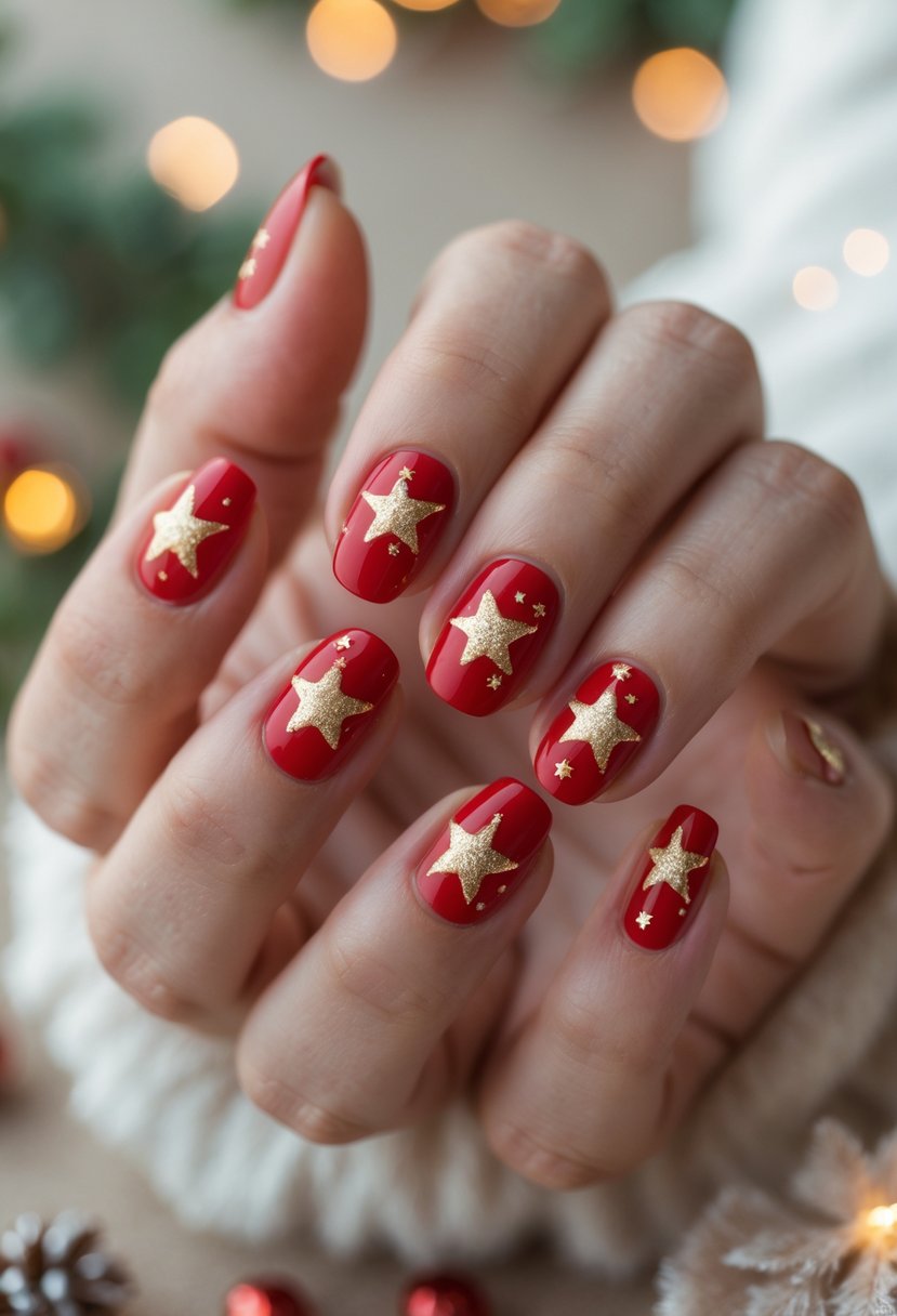 Close-up of hands with bright red nails decorated with gold star designs.