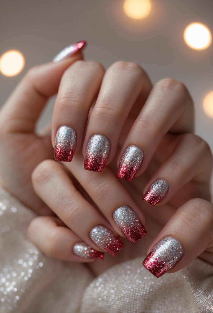 Close-up of hands with glitter gradient Christmas-themed nails against a soft background.