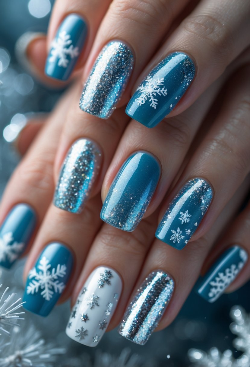 Close-up of hands with blue and silver decorated nails showing various Christmas-themed designs.