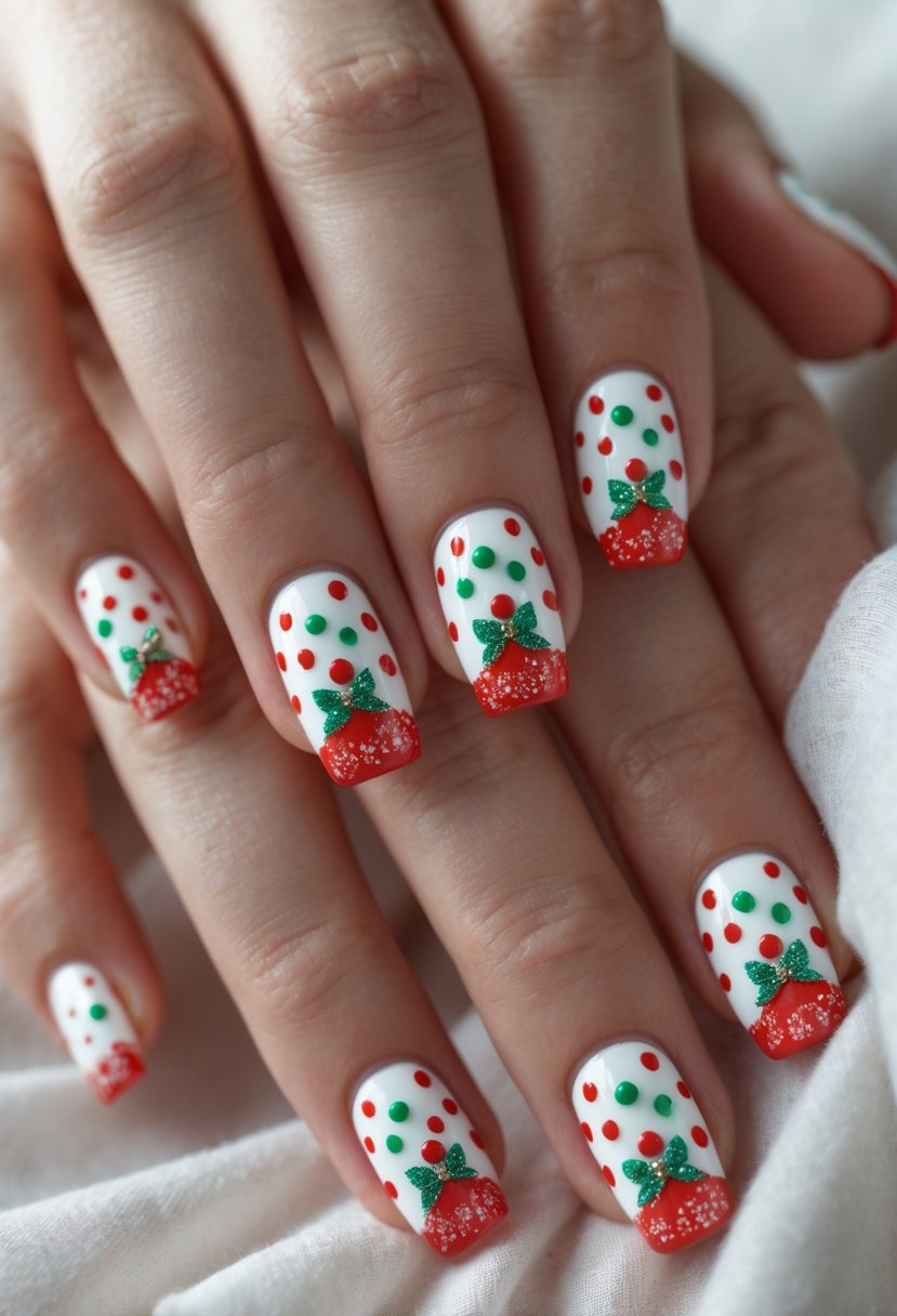 Close-up of hands with white nails decorated with red and green polka dots.