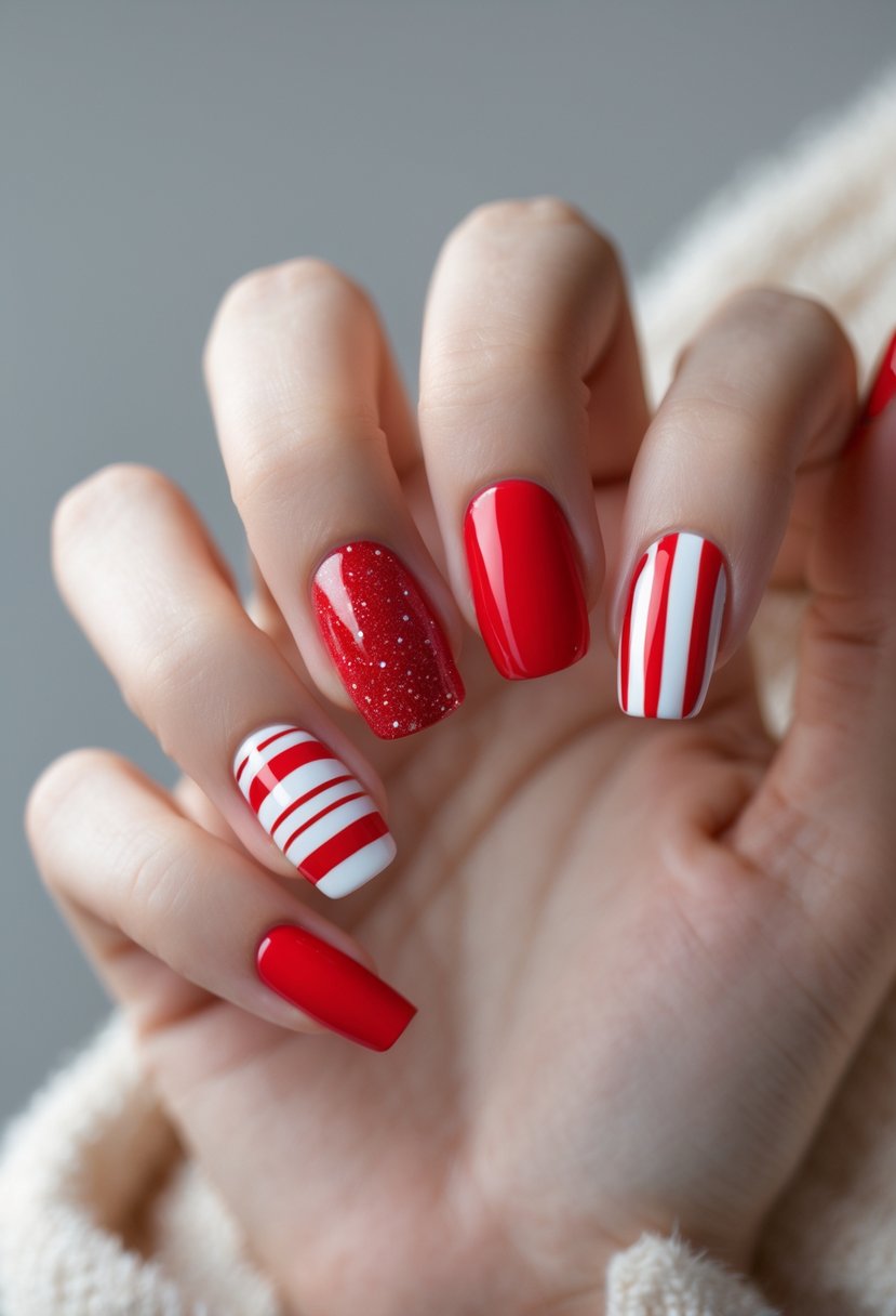 A close-up of a hand with red painted nails and one nail decorated with red and white candy cane stripes.