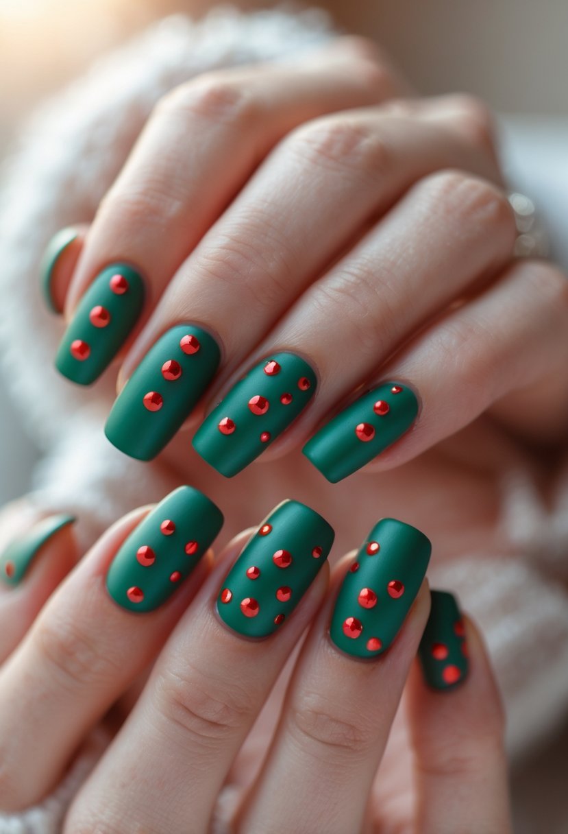 Close-up of hands with green nails decorated with shiny red dots.