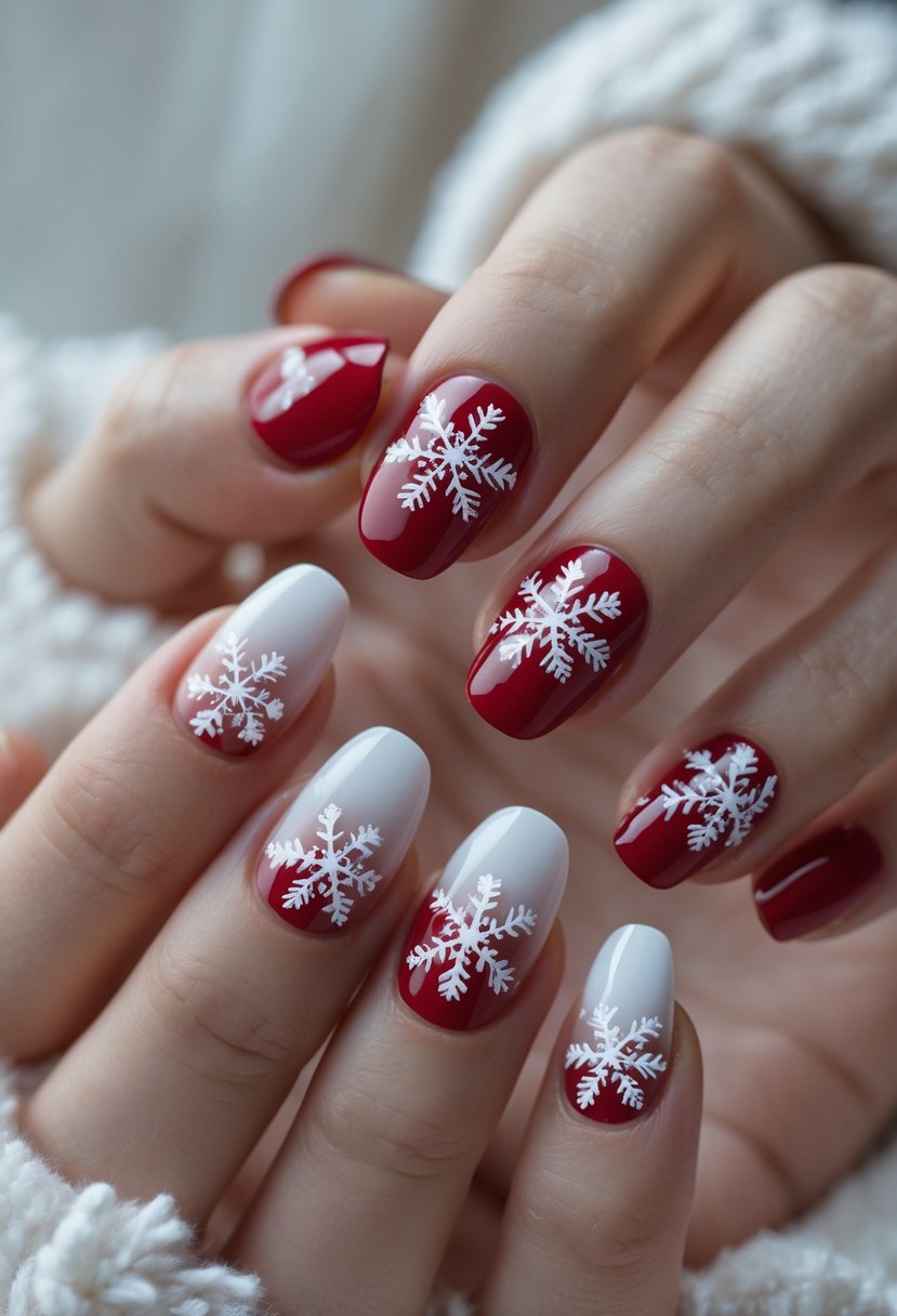Close-up of hands with red to white ombre nails decorated with white snowflake designs.
