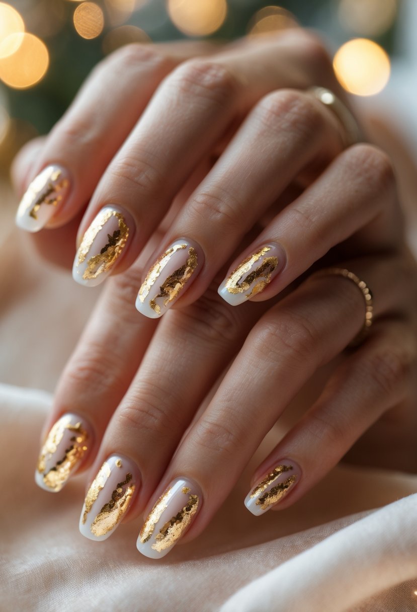 Close-up of hands with clear base nails decorated with gold foil accents.