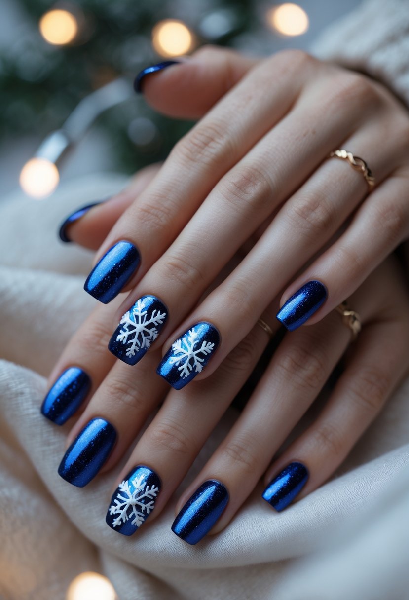 Close-up of hands with metallic royal blue nails decorated with white snowflake designs.