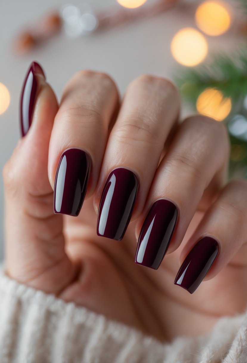 Close-up of hands with short maroon acrylic nails posed against a soft background with subtle holiday decorations.