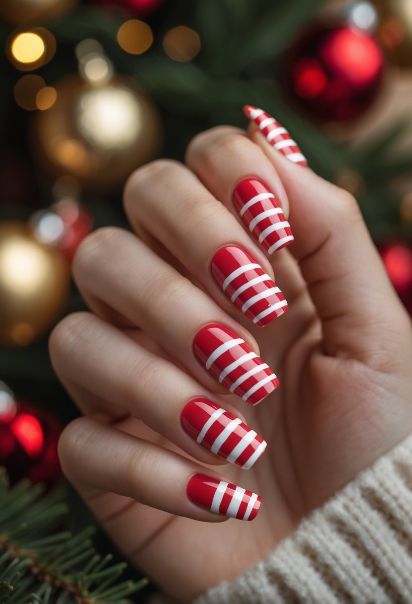 Close-up of a hand with red and white striped nails holding a holiday ornament against a blurred festive background.