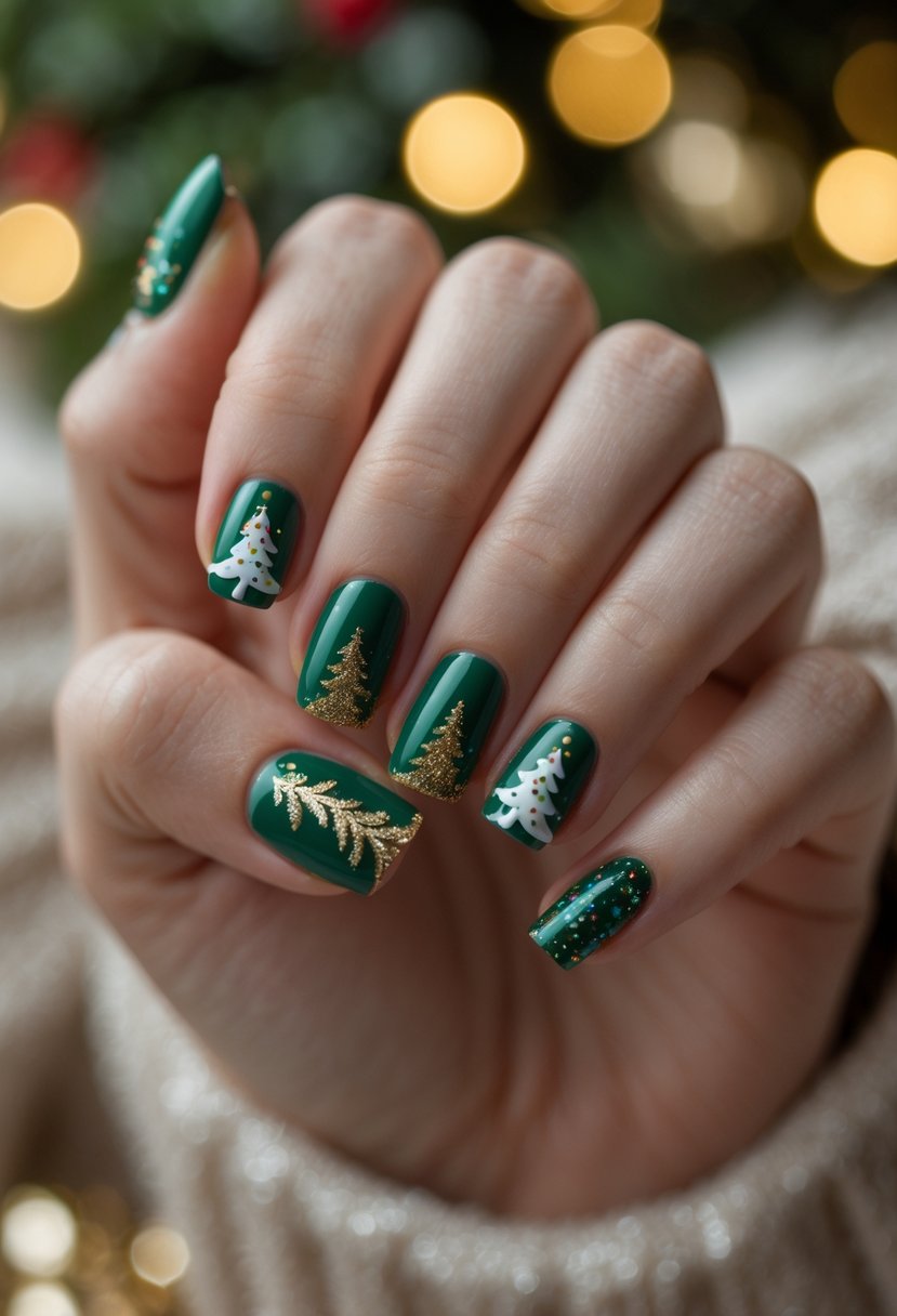 Close-up of hands with green and gold Christmas tree themed holiday nail art.