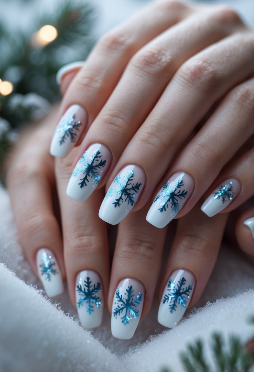 Close-up of hands with snowflake French tip nails against a soft winter background.