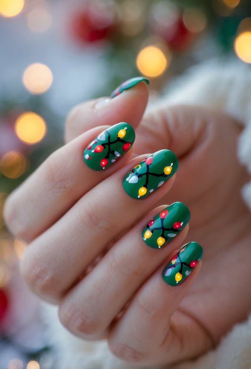 A close-up of a hand with nails painted in colorful Christmas lights design against a softly blurred warm background.
