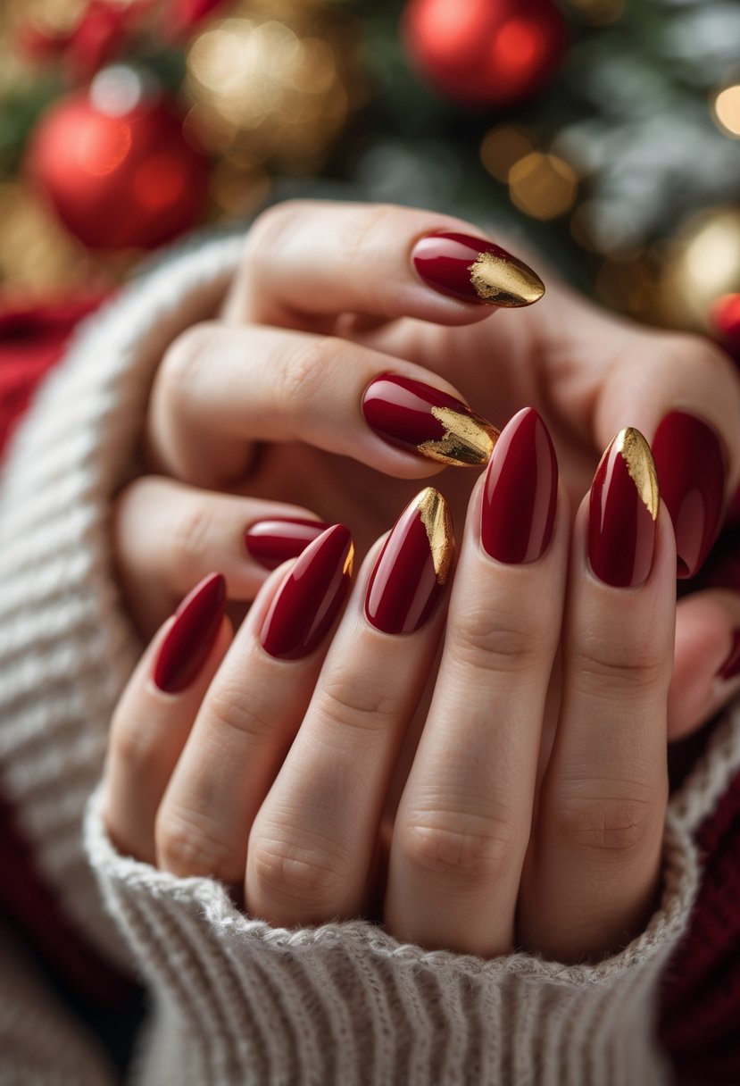 Close-up of hands with red nails featuring subtle gold foil accents.