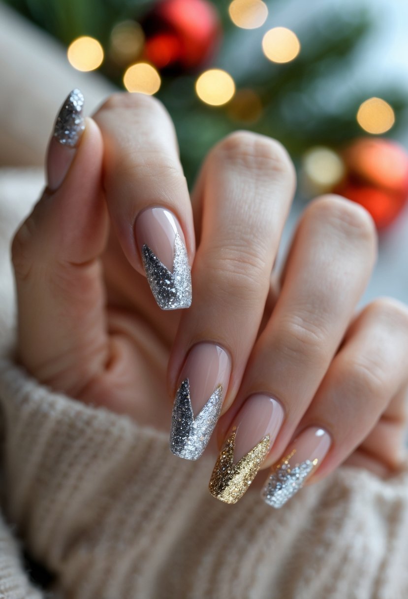 A close-up of a hand with glittery French tip nails resting on a holiday-themed background with pine branches and twinkling lights.