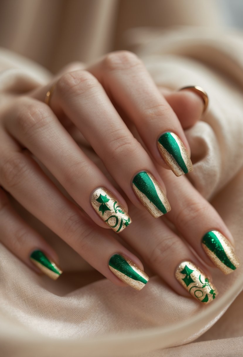 Close-up of hands with metallic gold and green decorated nails against a neutral background.