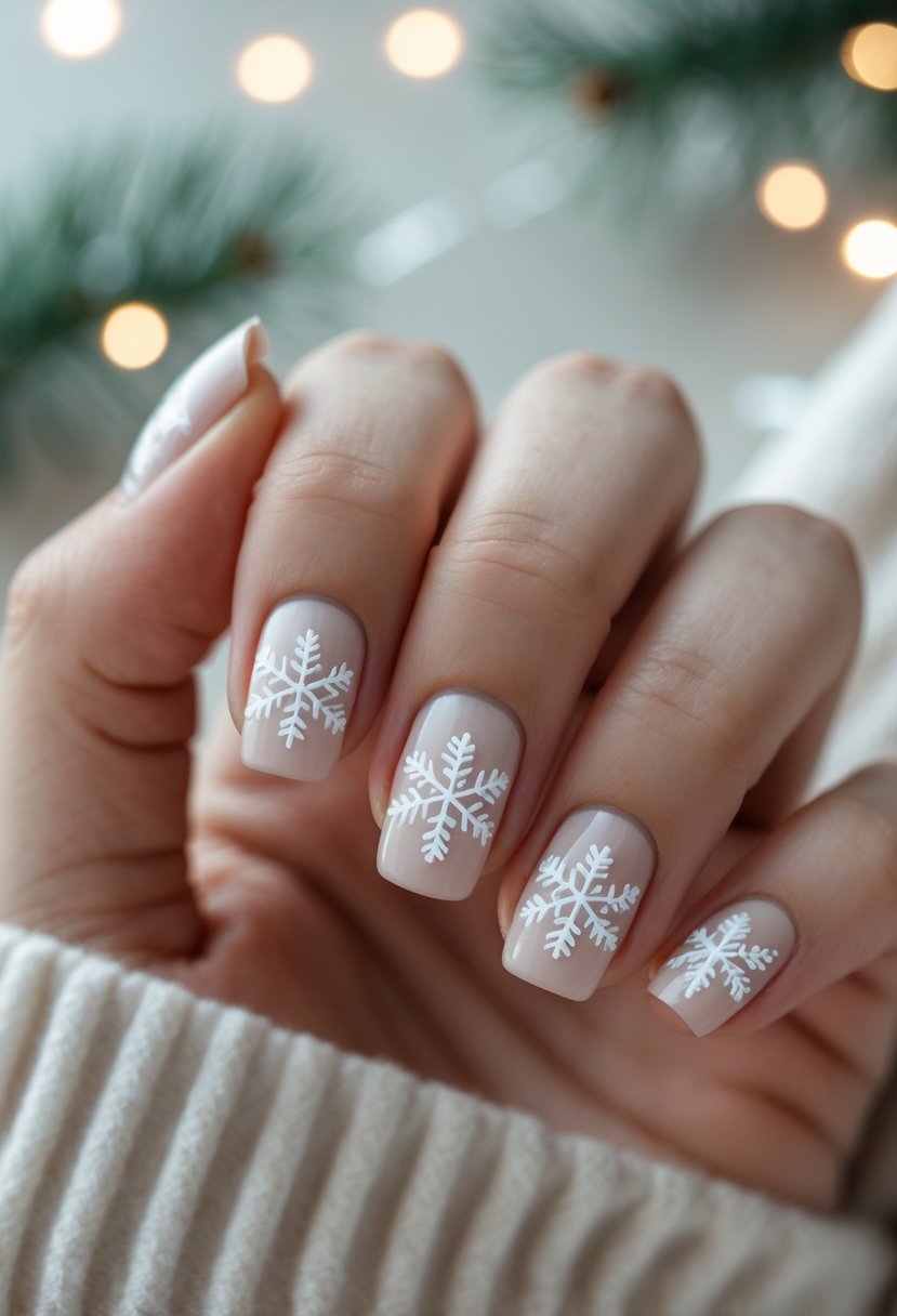 A close-up of a hand with neatly manicured nails featuring minimalist white snowflake designs on a neutral background with subtle holiday decorations.