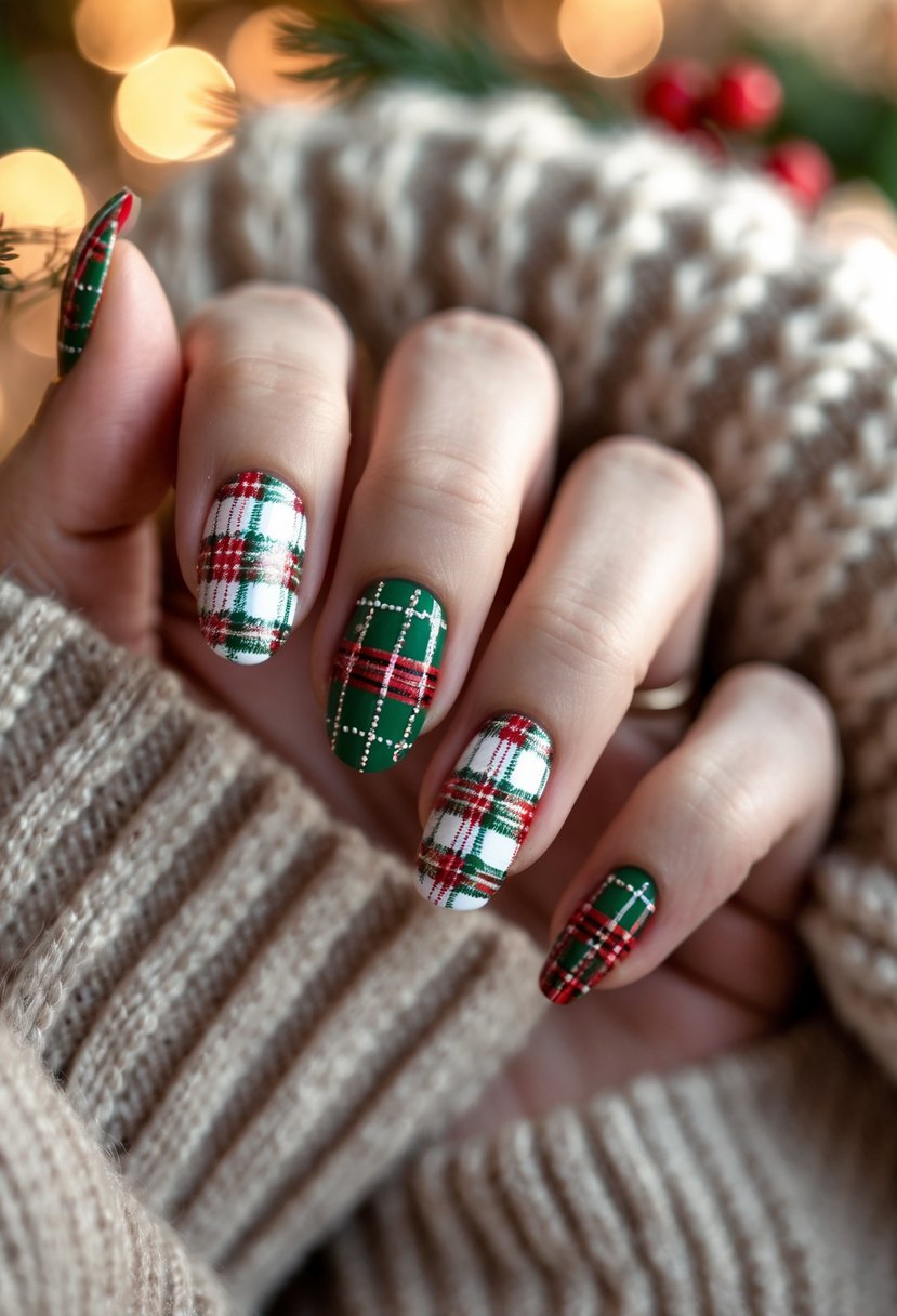 Close-up of hands with red, green, and white plaid nail designs holding a knit sweater.